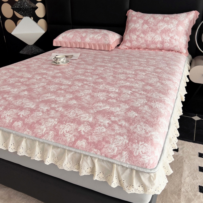 91家纺网 家纺一手货源 找家纺 情煊家纺 2025新款PE高分子凉感丝凉席-花边款 花边款-玫瑰-粉色