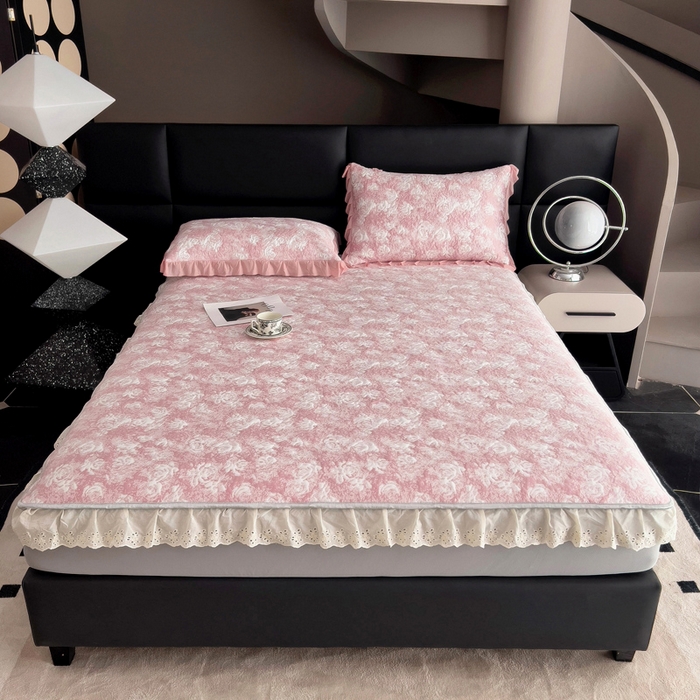 91家纺网 家纺一手货源 找家纺 情煊家纺 2025新款PE高分子凉感丝凉席-花边款 花边款-玫瑰-粉色