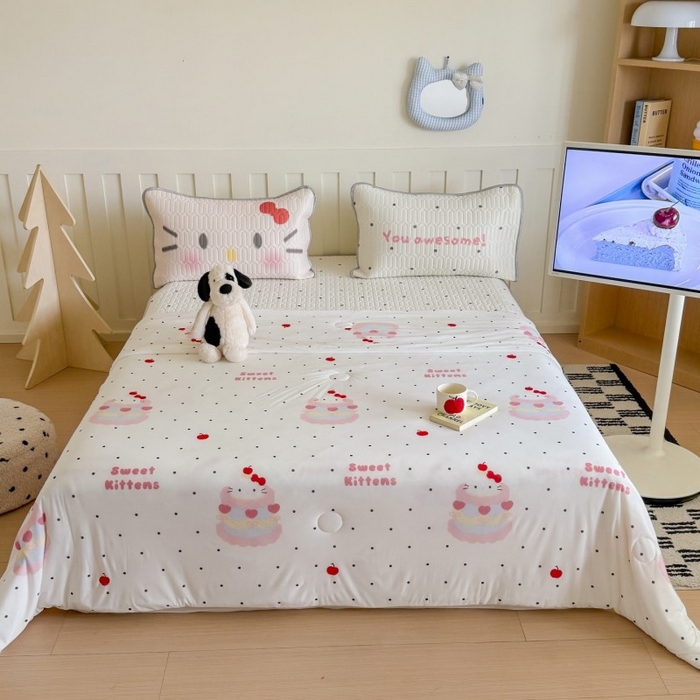 91家纺网 家纺一手货源 找家纺 顾里家纺 2025新款韩系少女凉感冰皮夏被夏凉被空调被 波点粉猫