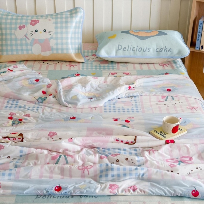 91家纺网 家纺一手货源 找家纺 顾里家纺 2025新款韩系少女凉感冰皮夏被夏凉被空调被 拼接猫咪