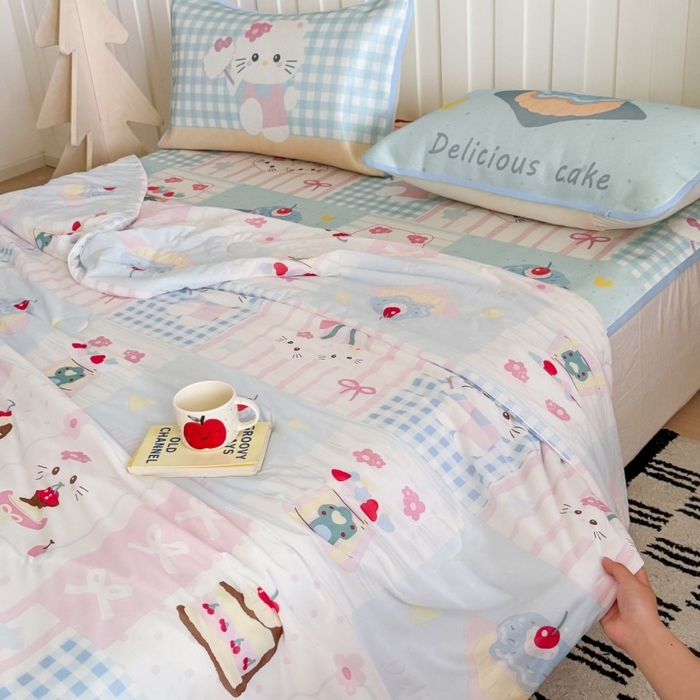 91家纺网 家纺一手货源 找家纺 顾里家纺 2025新款韩系少女凉感冰皮夏被夏凉被空调被 拼接猫咪