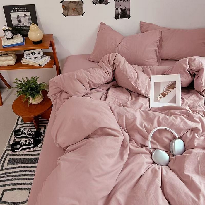 喜歌家居 2025新款水洗棉纯色四件套 枣粉色