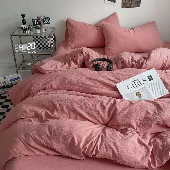 91家纺网 家纺一手货源 找家纺 喜歌家居 2025新款水洗棉纯色四件套 枣粉色