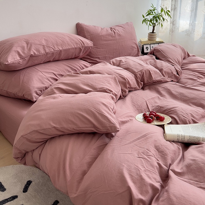 91家纺网 家纺一手货源 找家纺 喜歌家居 2025新款水洗棉纯色四件套 枣粉色