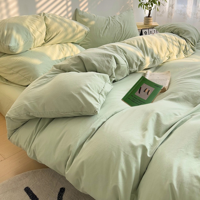 91家纺网 家纺一手货源 找家纺 喜歌家居 2025新款水洗棉纯色四件套 绿色