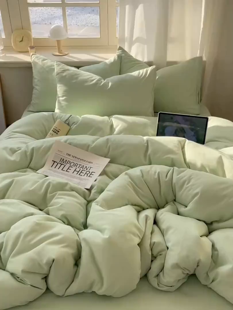 91家纺网 家纺一手货源 找家纺 喜歌家居 2025新款水洗棉纯色四件套 绿色