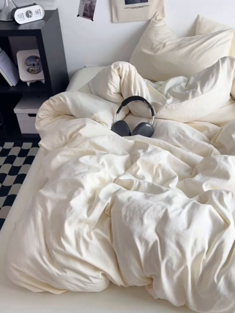 91家纺网 家纺一手货源 找家纺 喜歌家居 2025新款水洗棉纯色四件套 奶白色