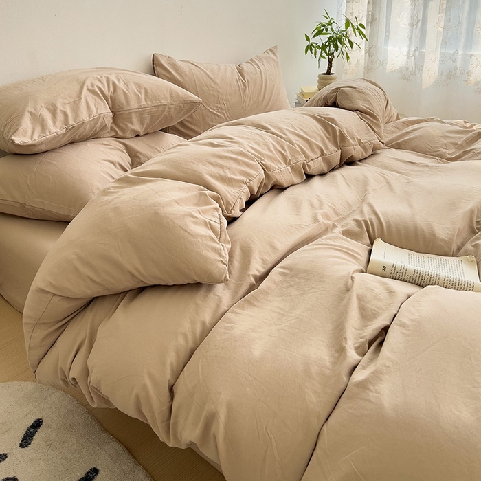 91家纺网 家纺一手货源 找家纺 喜歌家居 2025新款水洗棉纯色四件套 卡其色