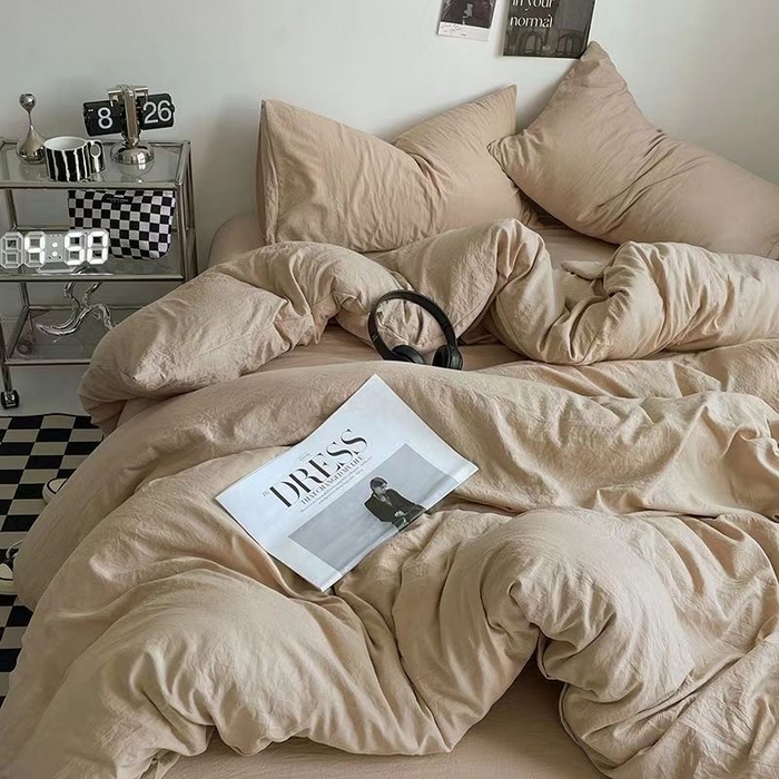 91家纺网 家纺一手货源 找家纺 喜歌家居 2025新款水洗棉纯色四件套 卡其色