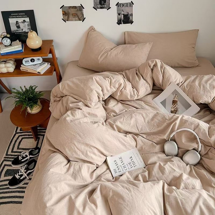 91家纺网 家纺一手货源 找家纺 喜歌家居 2025新款水洗棉纯色四件套 卡其色