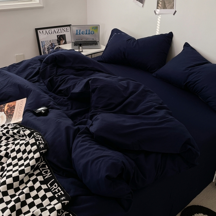 91家纺网 家纺一手货源 找家纺 喜歌家居 2025新款水洗棉纯色四件套 丈青色