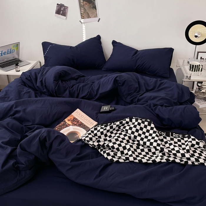 91家纺网 家纺一手货源 找家纺 喜歌家居 2025新款水洗棉纯色四件套 丈青色