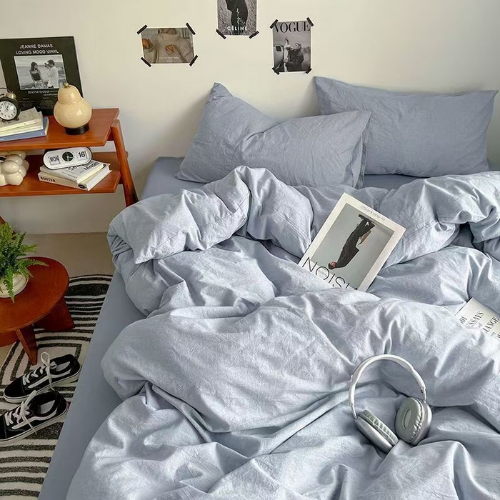 喜歌家居 2025新款水洗棉纯色四件套 湖蓝色