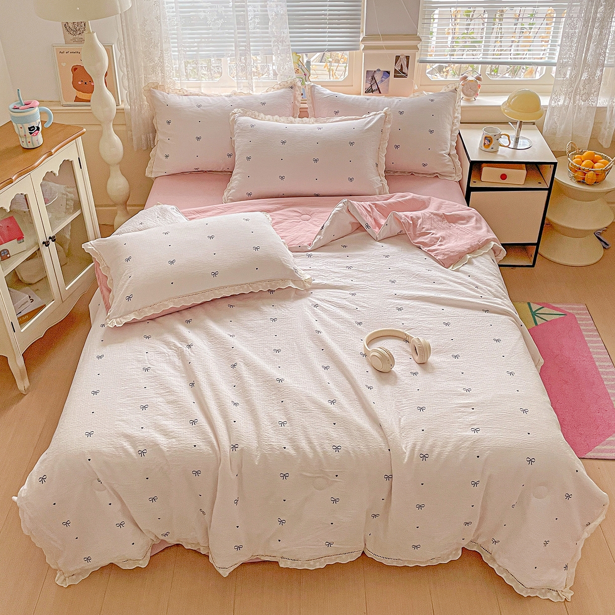 91家纺网 家纺一手货源 找家纺 优选 2025（优选）新款皱皱双层纱全棉花边夏被夏凉被三件套薄被芯宿舍空调被子四件套 蝴蝶结