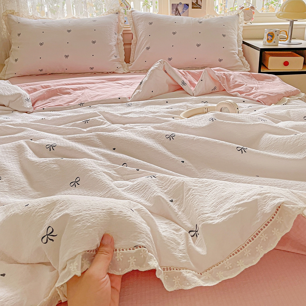 91家纺网 家纺一手货源 找家纺 优选 2025（优选）新款皱皱双层纱全棉花边夏被夏凉被三件套薄被芯宿舍空调被子四件套 蝴蝶结