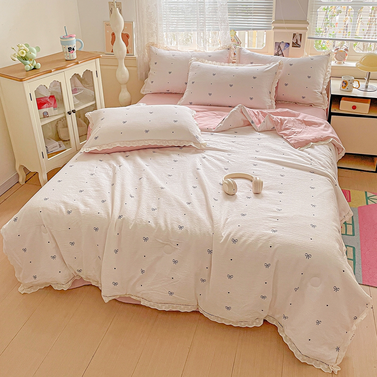 91家纺网 家纺一手货源 找家纺 优选 2025（优选）新款皱皱双层纱全棉花边夏被夏凉被三件套薄被芯宿舍空调被子四件套 蝴蝶结