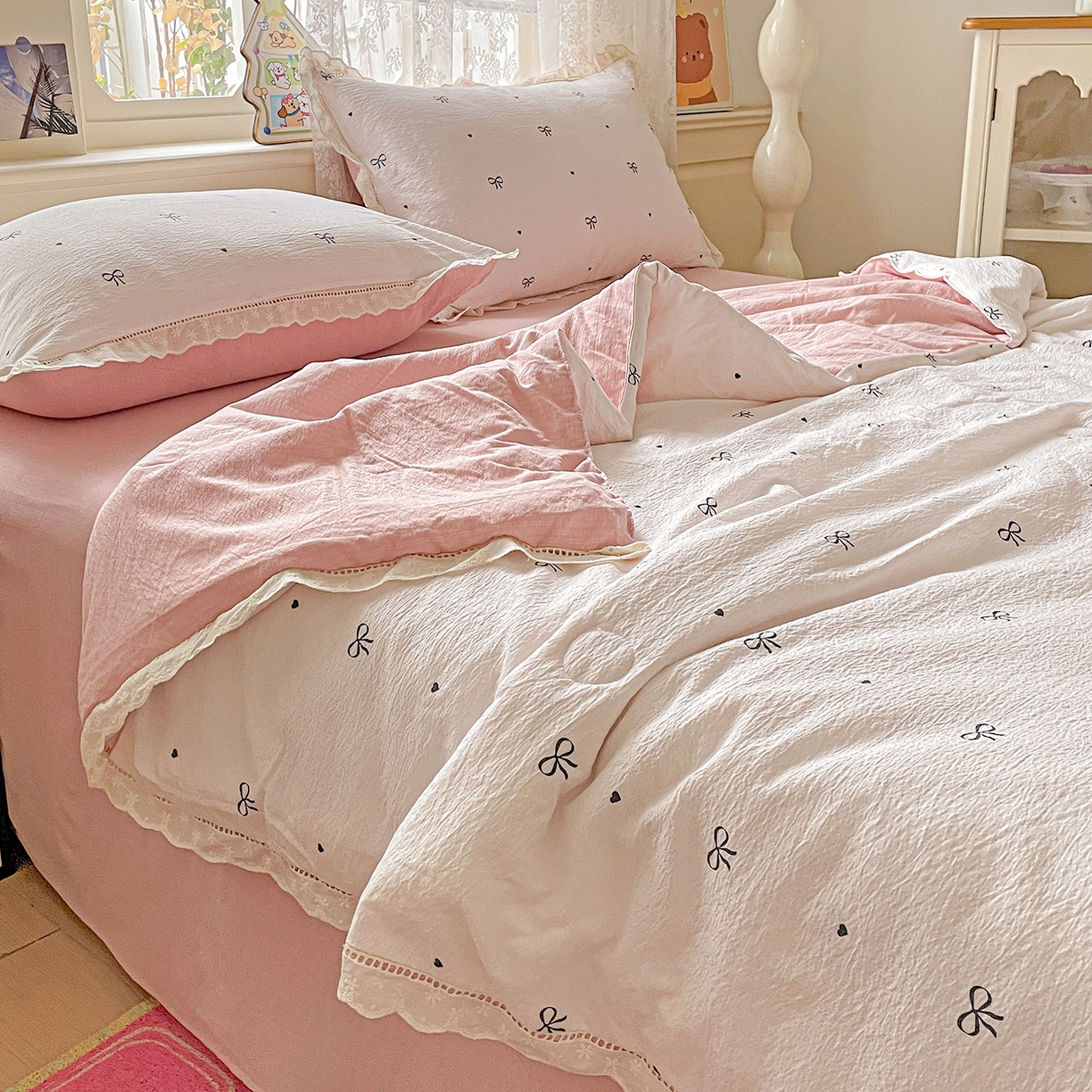 91家纺网 家纺一手货源 找家纺 优选 2025（优选）新款皱皱双层纱全棉花边夏被夏凉被三件套薄被芯宿舍空调被子四件套 蝴蝶结