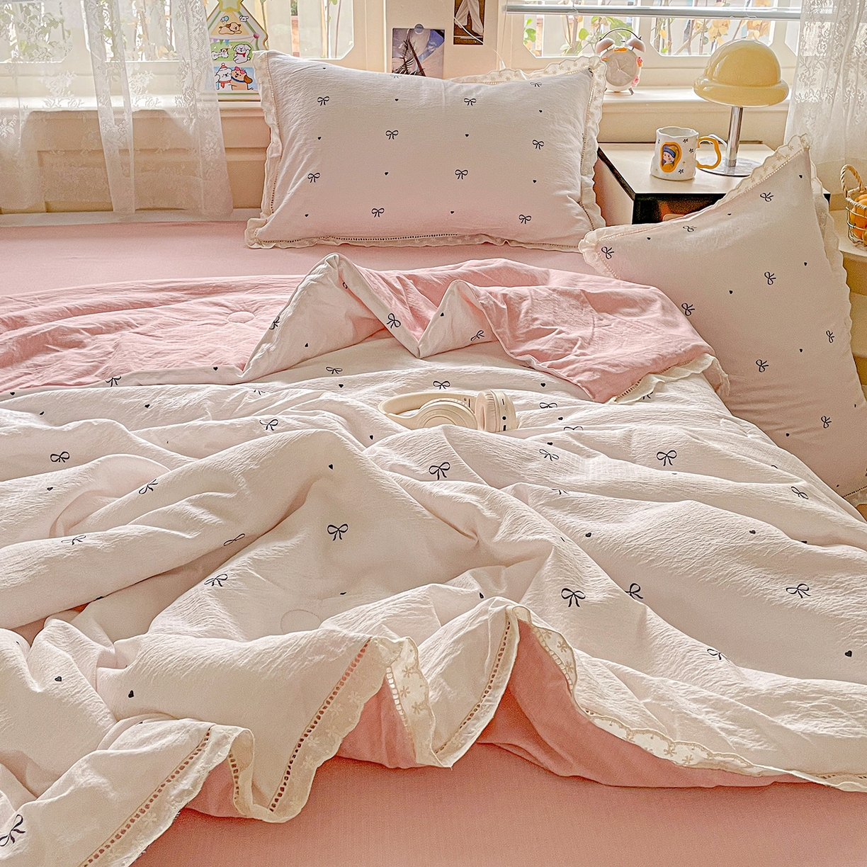 91家纺网 家纺一手货源 找家纺 优选 2025（优选）新款皱皱双层纱全棉花边夏被夏凉被三件套薄被芯宿舍空调被子四件套 蝴蝶结