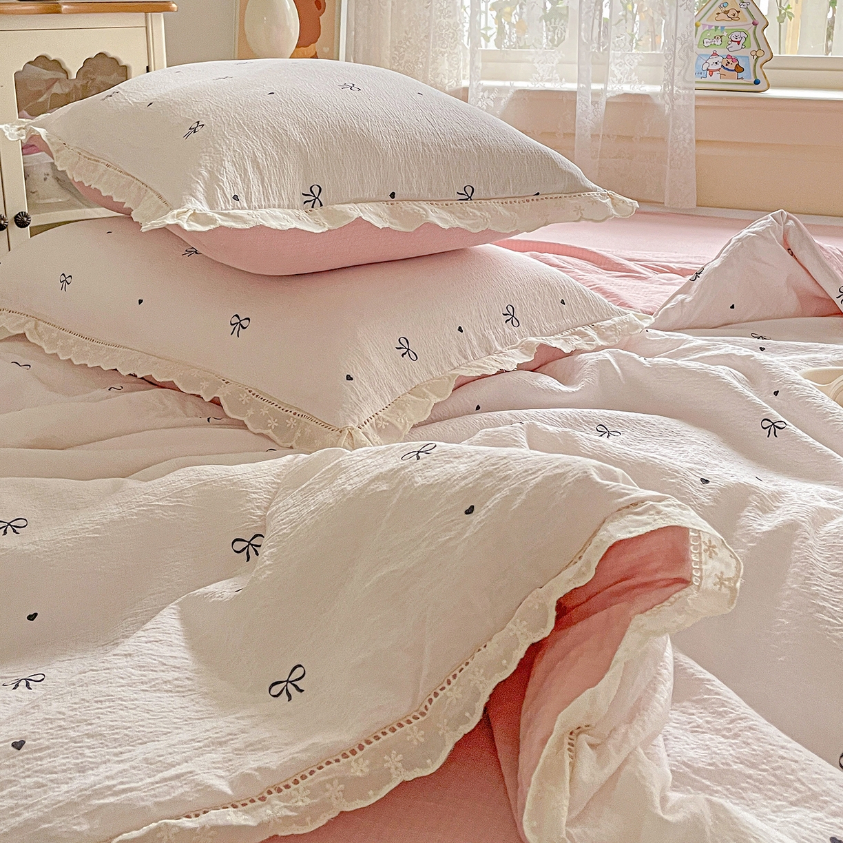 91家纺网 家纺一手货源 找家纺 优选 2025（优选）新款皱皱双层纱全棉花边夏被夏凉被三件套薄被芯宿舍空调被子四件套 蝴蝶结