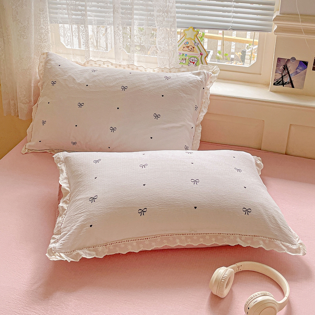 91家纺网 家纺一手货源 找家纺 优选 2025（优选）新款皱皱双层纱全棉花边夏被夏凉被三件套薄被芯宿舍空调被子四件套 蝴蝶结