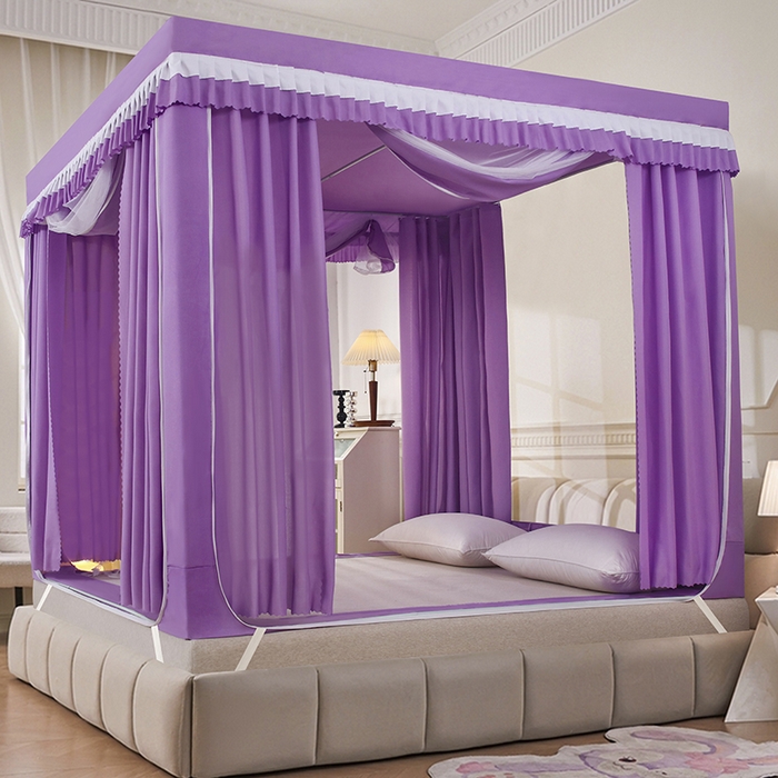 91家纺网 家纺一手货源 找家纺 显高蚊帐 2025春夏新款U门花边款坐床遮光防尘床帘式蚊帐 优雅紫-花边款