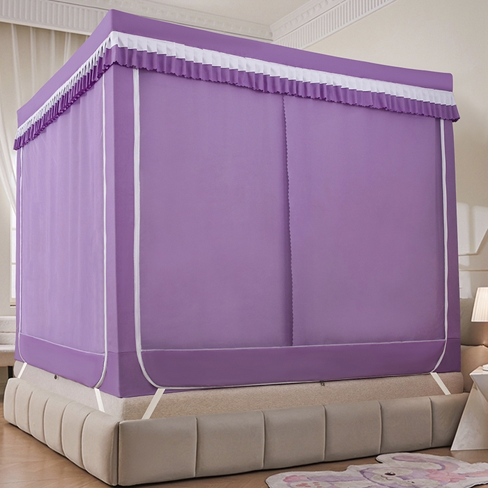 91家纺网 家纺一手货源 找家纺 显高蚊帐 2025春夏新款U门花边款坐床遮光防尘床帘式蚊帐 优雅紫-花边款