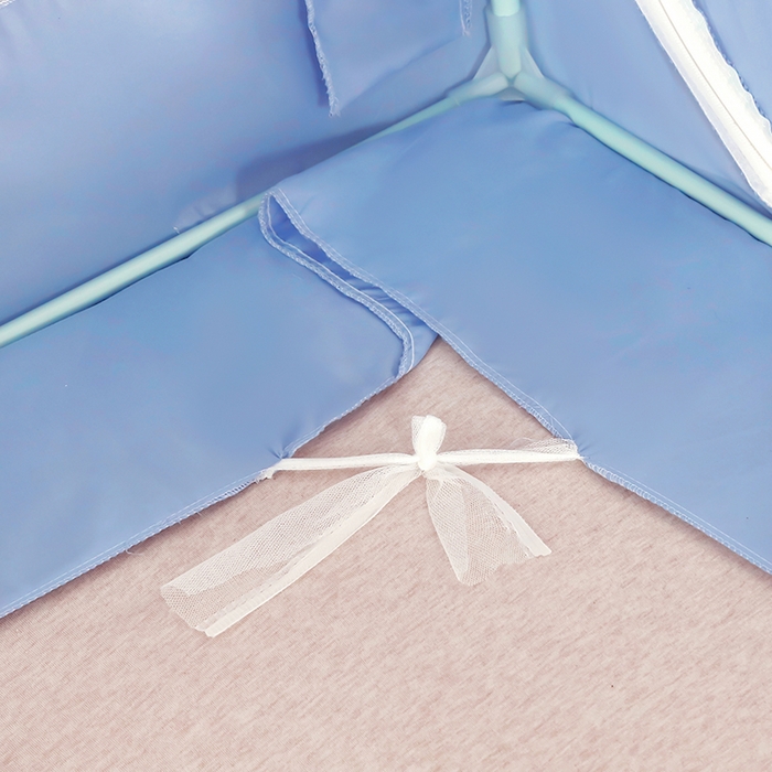 91家纺网 家纺一手货源 找家纺 显高蚊帐 2025春夏新款U门花边款坐床遮光防尘床帘式蚊帐 时尚蓝-花边款