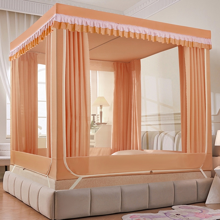 91家纺网 家纺一手货源 找家纺 显高蚊帐 2025春夏新款U门花边款坐床遮光防尘床帘式蚊帐 温馨黄-花边款