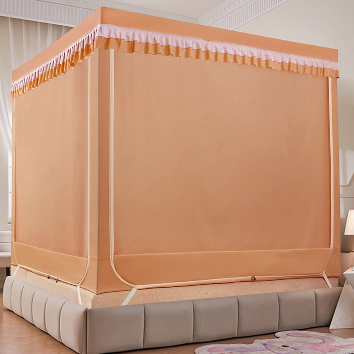 91家纺网 家纺一手货源 找家纺 显高蚊帐 2025春夏新款U门花边款坐床遮光防尘床帘式蚊帐 温馨黄-花边款