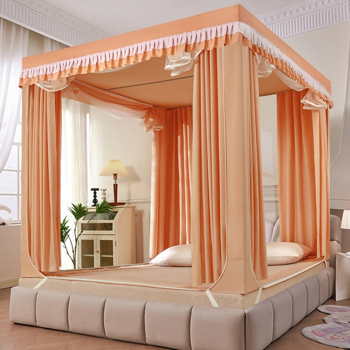 显高蚊帐 2025春夏新款U门花边款坐床遮光防尘床帘式蚊帐 温馨黄-花边款