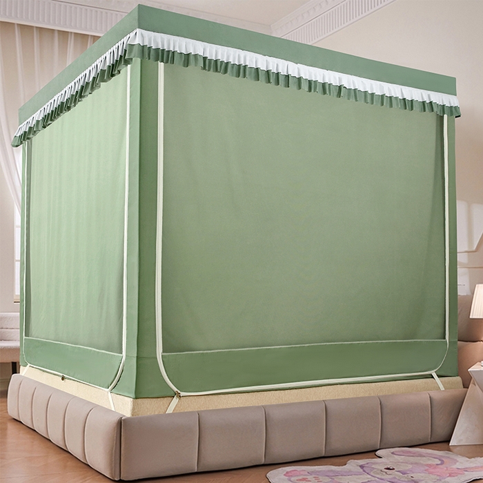 91家纺网 家纺一手货源 找家纺 显高蚊帐 2025春夏新款U门花边款坐床遮光防尘床帘式蚊帐 抹茶绿-花边款