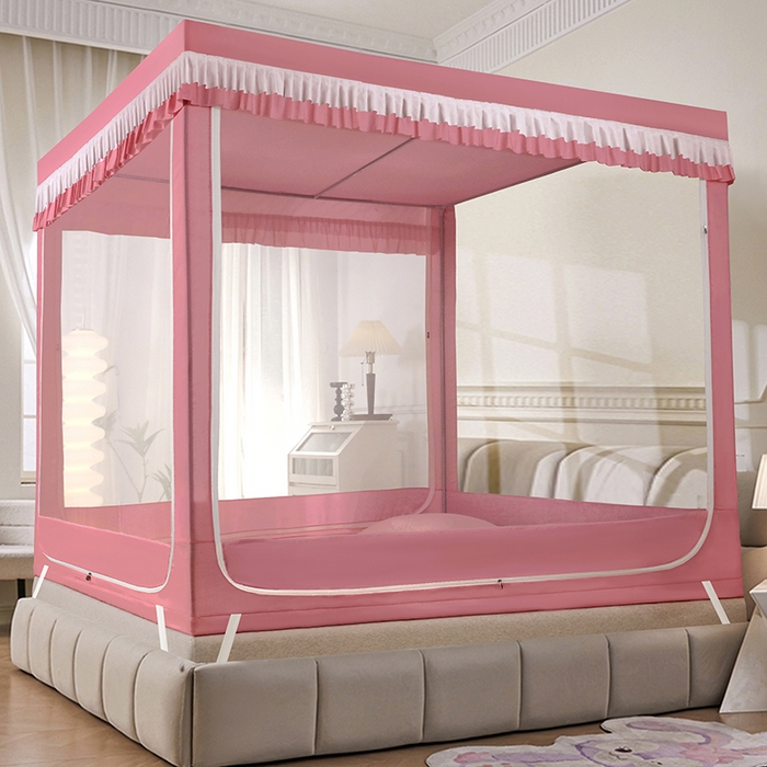 显高蚊帐 2025春夏新款U门花边款坐床遮光防尘床帘式蚊帐 樱花粉-花边款