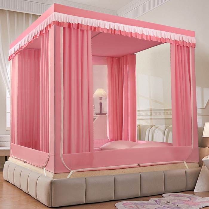 91家纺网 家纺一手货源 找家纺 显高蚊帐 2025春夏新款U门花边款坐床遮光防尘床帘式蚊帐 樱花粉-花边款