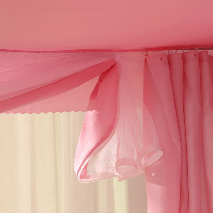 91家纺网 家纺一手货源 找家纺 显高蚊帐 2025春夏新款U门花边款坐床遮光防尘床帘式蚊帐 樱花粉-花边款
