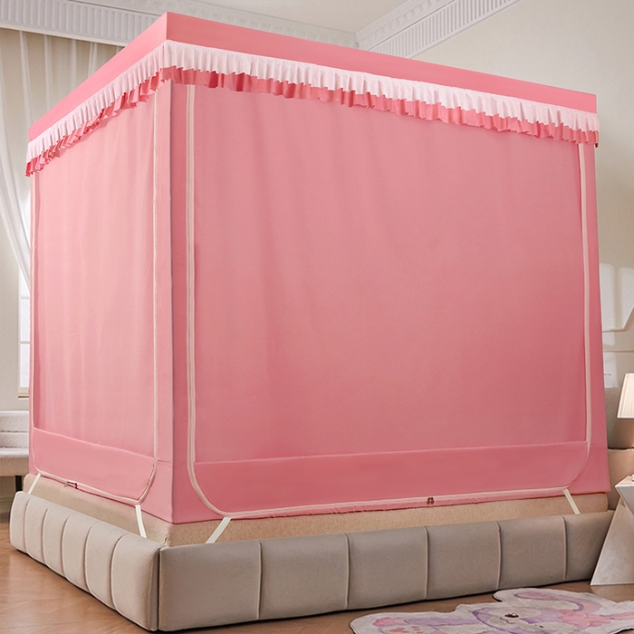 91家纺网 家纺一手货源 找家纺 显高蚊帐 2025春夏新款U门花边款坐床遮光防尘床帘式蚊帐 樱花粉-花边款