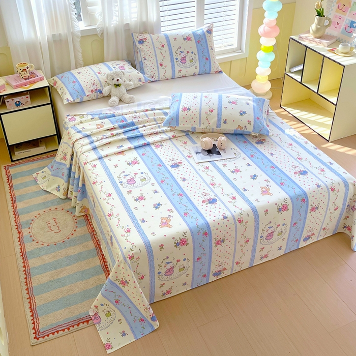 91家纺网 家纺一手货源 找家纺 金鑫汇家纺 2025新款A类全棉老粗布床单 老粗布·快乐萌兔蓝