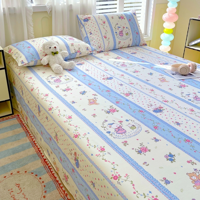 91家纺网 家纺一手货源 找家纺 金鑫汇家纺 2025新款A类全棉老粗布床单 老粗布·快乐萌兔蓝