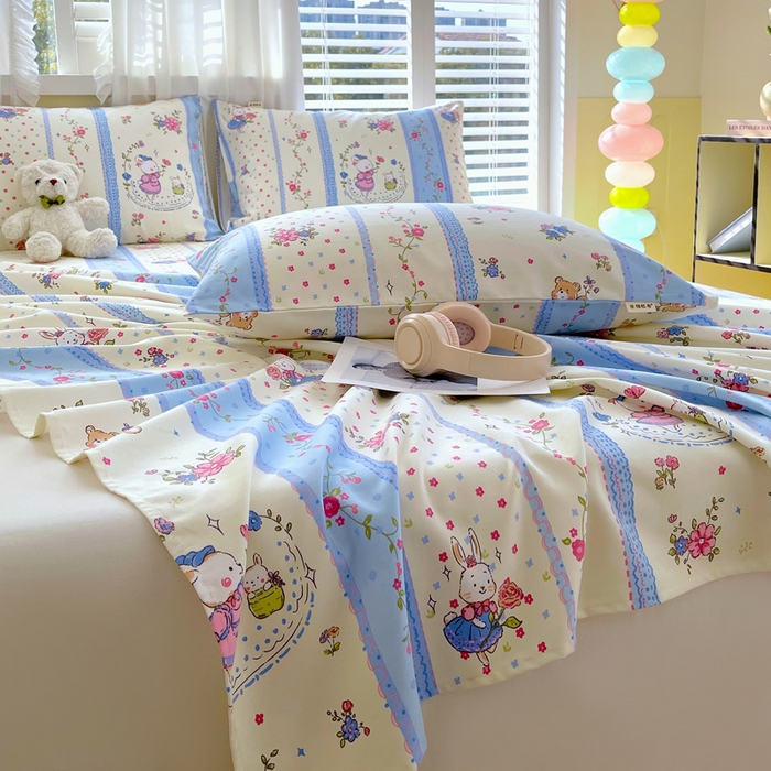 91家纺网 家纺一手货源 找家纺 金鑫汇家纺 2025新款A类全棉老粗布床单 老粗布·快乐萌兔蓝