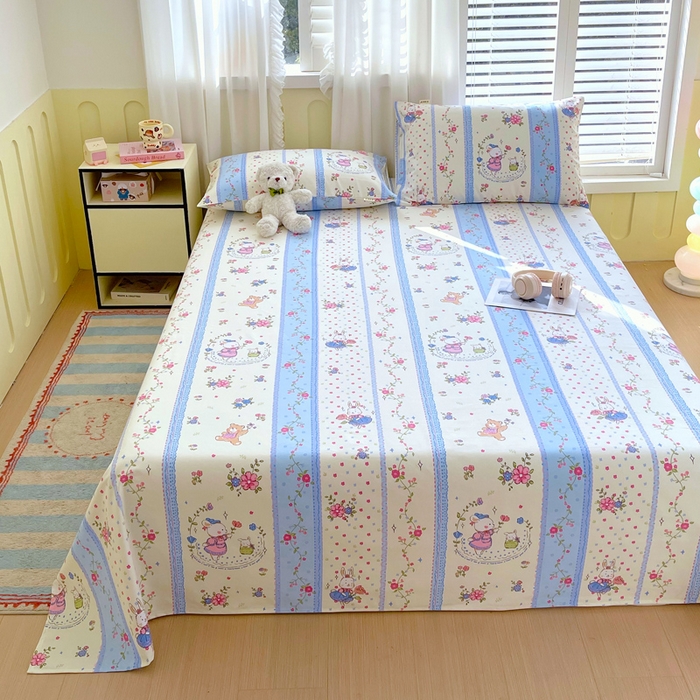 91家纺网 家纺一手货源 找家纺 金鑫汇家纺 2025新款A类全棉老粗布床单 老粗布·快乐萌兔蓝