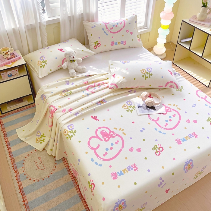 91家纺网 家纺一手货源 找家纺 金鑫汇家纺 2025新款A类全棉老粗布床单 老粗布·奇趣小兔