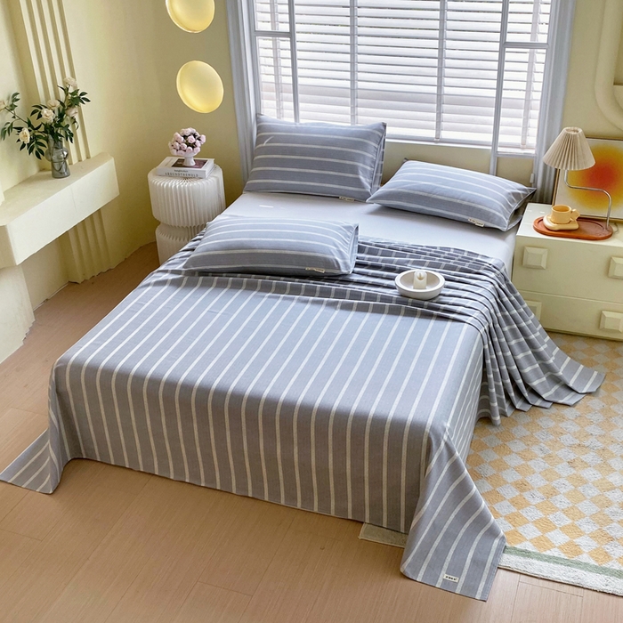 91家纺网 家纺一手货源 找家纺 金鑫汇家纺 2025新款A类全棉老粗布床单 朴素条纹