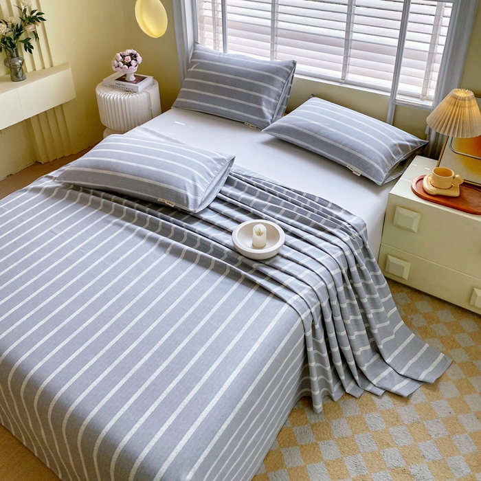 91家纺网 家纺一手货源 找家纺 金鑫汇家纺 2025新款A类全棉老粗布床单 朴素条纹