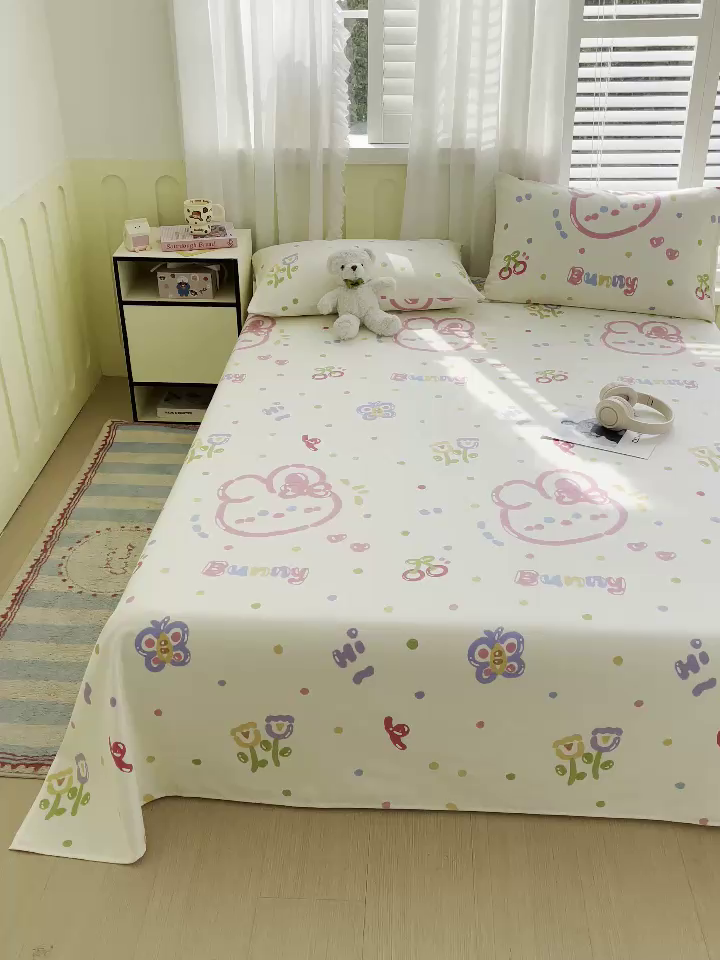 91家纺网 家纺一手货源 找家纺 金鑫汇家纺 2025新款A类全棉老粗布床单 老粗布·奇趣小兔