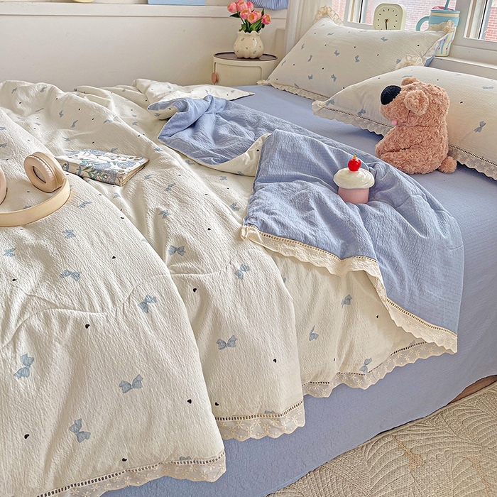 91家纺网 家纺一手货源 找家纺 恋之语 2025春夏新款云感全棉纯棉花边款夏被夏凉被空调被四件套套件