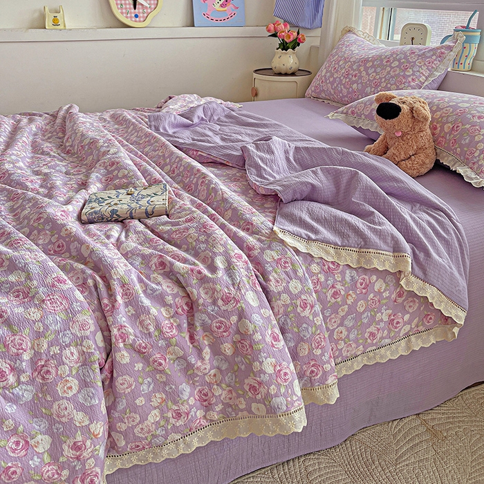 91家纺网 家纺一手货源 找家纺 恋之语 2025春夏新款云感全棉纯棉花边款夏被夏凉被空调被四件套套件