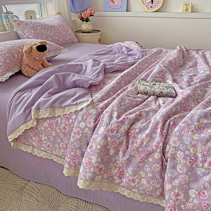 91家纺网 家纺一手货源 找家纺 恋之语 2025春夏新款云感全棉纯棉花边款夏被夏凉被空调被四件套套件