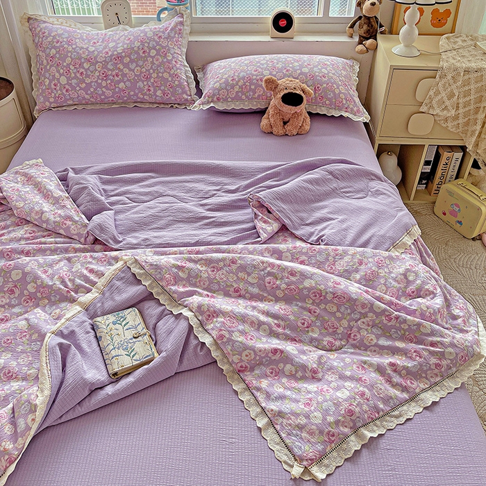 91家纺网 家纺一手货源 找家纺 恋之语 2025春夏新款云感全棉纯棉花边款夏被夏凉被空调被四件套套件