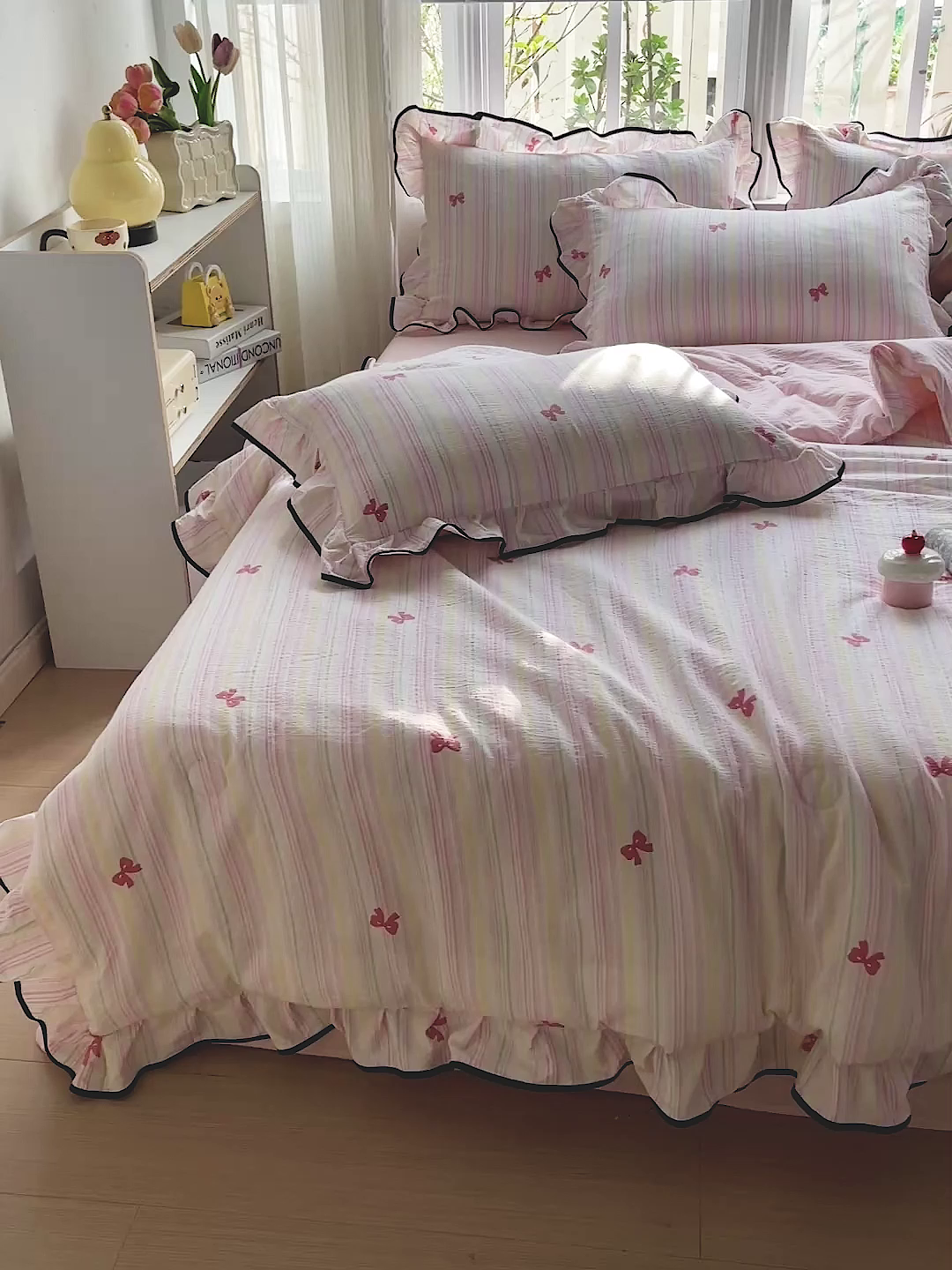 91家纺网 家纺一手货源 找家纺 （总）暖芯优选 2025新款皱皱双层纱荷叶大花边夏被空调被夏凉被三件套