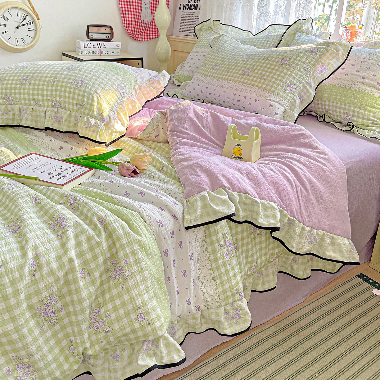 91家纺网 家纺一手货源 找家纺 （总）暖芯优选 2025新款皱皱双层纱荷叶大花边夏被空调被夏凉被三件套