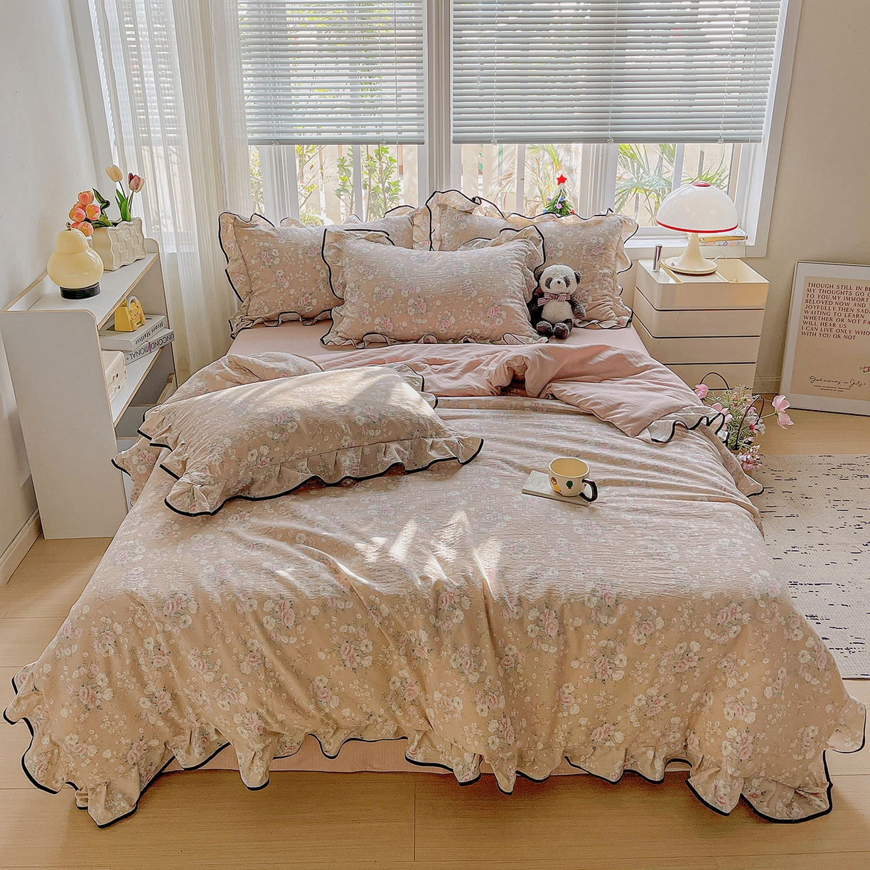 91家纺网 家纺一手货源 找家纺 暖芯优选 2025（优选）新款皱皱双层纱荷叶大花边夏被空调被夏凉被三件套 朝花夕拾